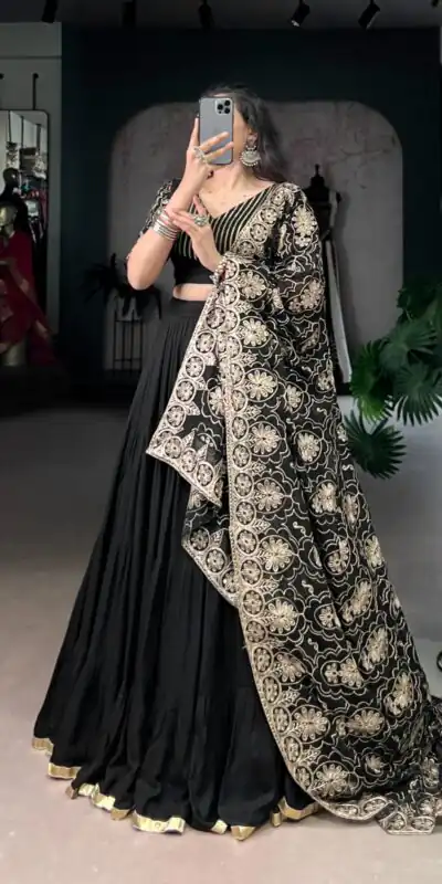 LNB 1691 Black Pure Rayon With Zari Work & Embroidery Work Lehenga Choli . Now at just ₹3699. Delivery 4-6 Working Days. Shop now. | Bollywood Lehenga, Creative Lehenga, Designer Lehenga, Embroidered Lehenga, Lehenga, Party Wear Lehenga