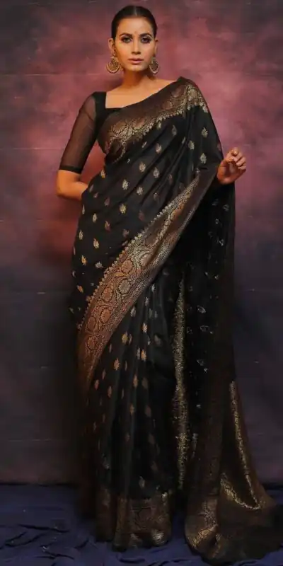 KP 6010 Black Soft Lichi Silk Jacquard Saree Perfect for Wedding, Party, Traditional Day, Family Gatherings, Sangeet . Grab it for ₹1349. Delivery 4-6 W | Bollywood Sarees, Creative Sarees, Designer Sarees, Embroidered Sarees, Ethnic Saree, Modern Digital sarees, Party Wear Sarees, Sarees