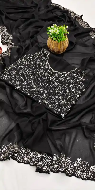 BT 12 Black Soft Star Georgette Silk with Embroidery Work & Mirror Work Saree . Exclusive Offer ₹1999. Delivery 4-6 Working Days. Shop now. | Bollywood Sarees, Creative Sarees, Designer Sarees, Embroidered Sarees, Ethnic Saree, Modern Digital sarees, Party Wear Sarees, Sarees