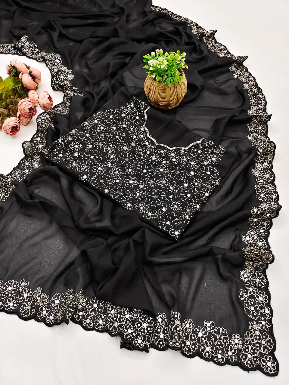 BT 12 Black Soft Star Georgette Silk with Embroidery Work & Mirror Work Saree . Exclusive Offer ₹1999. Delivery 4-6 Working Days. Shop now. | Bollywood Sarees, Creative Sarees, Designer Sarees, Embroidered Sarees, Ethnic Saree, Modern Digital sarees, Party Wear Sarees, Sarees