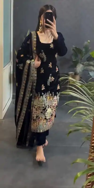 VLM 237 Black Viscose Velvet Salwar Suit Perfect for Wedding, Party, Karwa Chauth, Pooja, Ethnic Day – . Exclusive Offer ₹2449. Delivery 4-6 Working Days | Designer Suits, Jump Suits, Casual Suits, Creative suits, Palazzo Suits, Party Wear Suits, Patiala Suits, Salwar suit, Straight Suits
