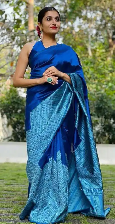 KP 2035 Blue Soft Lichi Silk Saree Perfect for Wedding, Party, Karwa Chauth, Pongal, Haldi . Available at ₹1399 only. Delivery 4-6 Working Days. | Bollywood Sarees, Creative Sarees, Designer Sarees, Embroidered Sarees, Ethnic Saree, Modern Digital sarees, Party Wear Sarees, Sarees