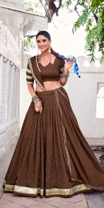 LNB 1664 Brown Pure Chanderi Lehenga Choli Perfect for Wedding, Party, Family Gatherings, Festival Celebrations, Grab it for ₹2999. Delivery 4-6 Days | Bollywood Lehenga, Creative Lehenga, Designer Lehenga, Embroidered Lehenga, Lehenga, Party Wear Lehenga