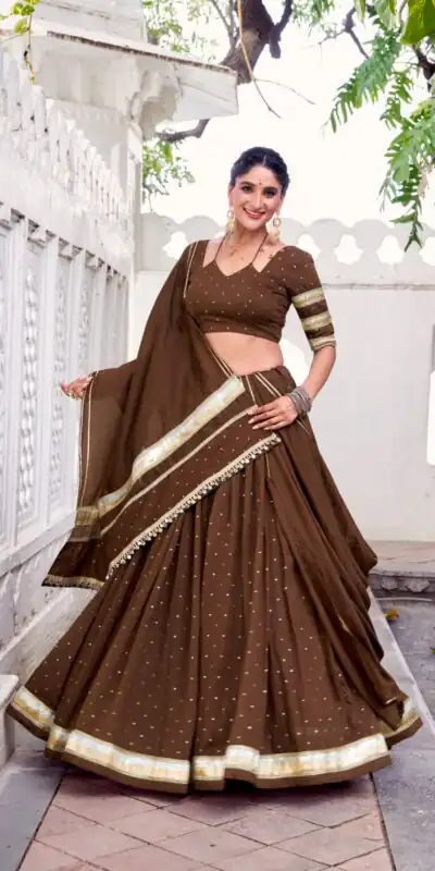 LNB 1664 Brown Pure Chanderi Lehenga Choli Perfect for Wedding, Party, Family Gatherings, Festival Celebrations, Grab it for ₹2999. Delivery 4-6 Days | Bollywood Lehenga, Creative Lehenga, Designer Lehenga, Embroidered Lehenga, Lehenga, Party Wear Lehenga