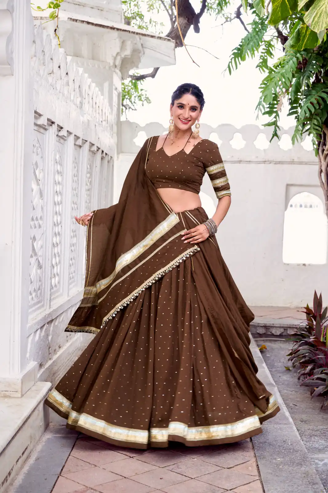 LNB 1664 Brown Pure Chanderi Lehenga Choli Perfect for Wedding, Party, Family Gatherings, Festival Celebrations, Grab it for ₹2999. Delivery 4-6 Days | Bollywood Lehenga, Creative Lehenga, Designer Lehenga, Embroidered Lehenga, Lehenga, Party Wear Lehenga