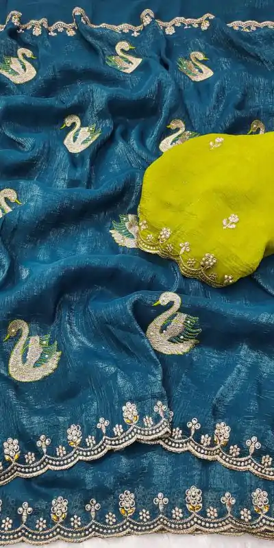 BT 1284 Firozi Crunchy Chiffon Saree Perfect for Wedding, Party, Ethnic Day, Ganesh Chaturthi, Sangeet . Best Price ₹1799. Delivery 4-6 Working Days | Bollywood Sarees, Creative Sarees, Designer Sarees, Embroidered Sarees, Ethnic Saree, Modern Digital sarees, Party Wear Sarees, Sarees