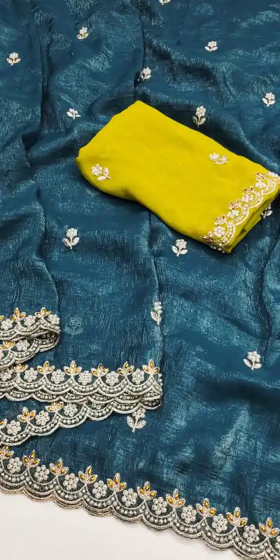 BT 1267 Firozi in Crunchy Chiffon Embroidery Work Saree . Wedding, Party, Festive, Events, Exclusive Offer ₹1749. Delivery 4-6 Working Days. Shop now. | Bollywood Sarees, Creative Sarees, Designer Sarees, Embroidered Sarees, Ethnic Saree, Modern Digital sarees, Party Wear Sarees, Sarees