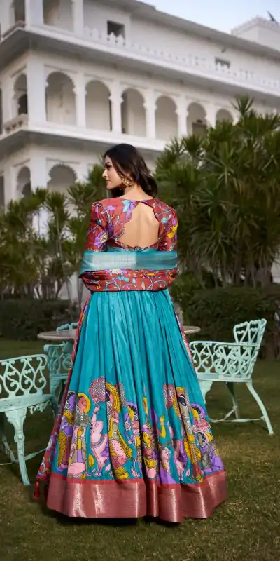 LNB 1231 Firozi Dola Silk Jacquard Silk Kalamkari Print & Zari Work Lehenga Choli in Best Price ₹1899. Delivery 4-6 Working Days. Shop now. | Bollywood Lehenga, Creative Lehenga, Designer Lehenga, Embroidered Lehenga, Lehenga, Party Wear Lehenga