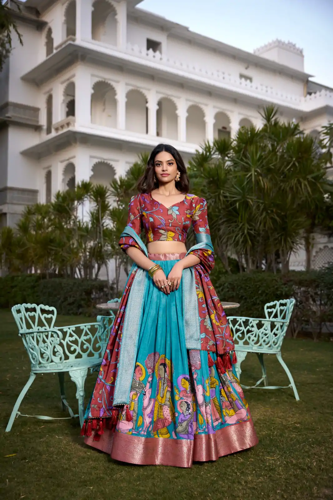 LNB 1231 Firozi Dola Silk Jacquard Silk Kalamkari Print & Zari Work Lehenga Choli in Best Price ₹1899. Delivery 4-6 Working Days. Shop now. | Bollywood Lehenga, Creative Lehenga, Designer Lehenga, Embroidered Lehenga, Lehenga, Party Wear Lehenga