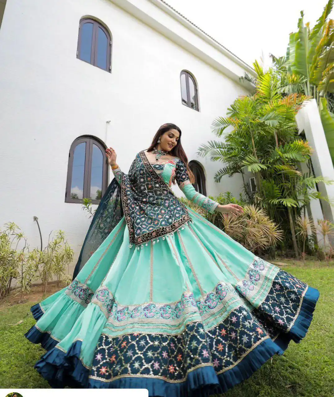 KF 1597 Firozi Silk with Cowrie Work & Embroidery Work Lehenga Choli . Grab it for ₹2599. Delivery 4-6 Working Days. Shop now. | Bollywood Lehenga, Creative Lehenga, Designer Lehenga, Embroidered Lehenga, Lehenga, Party Wear Lehenga