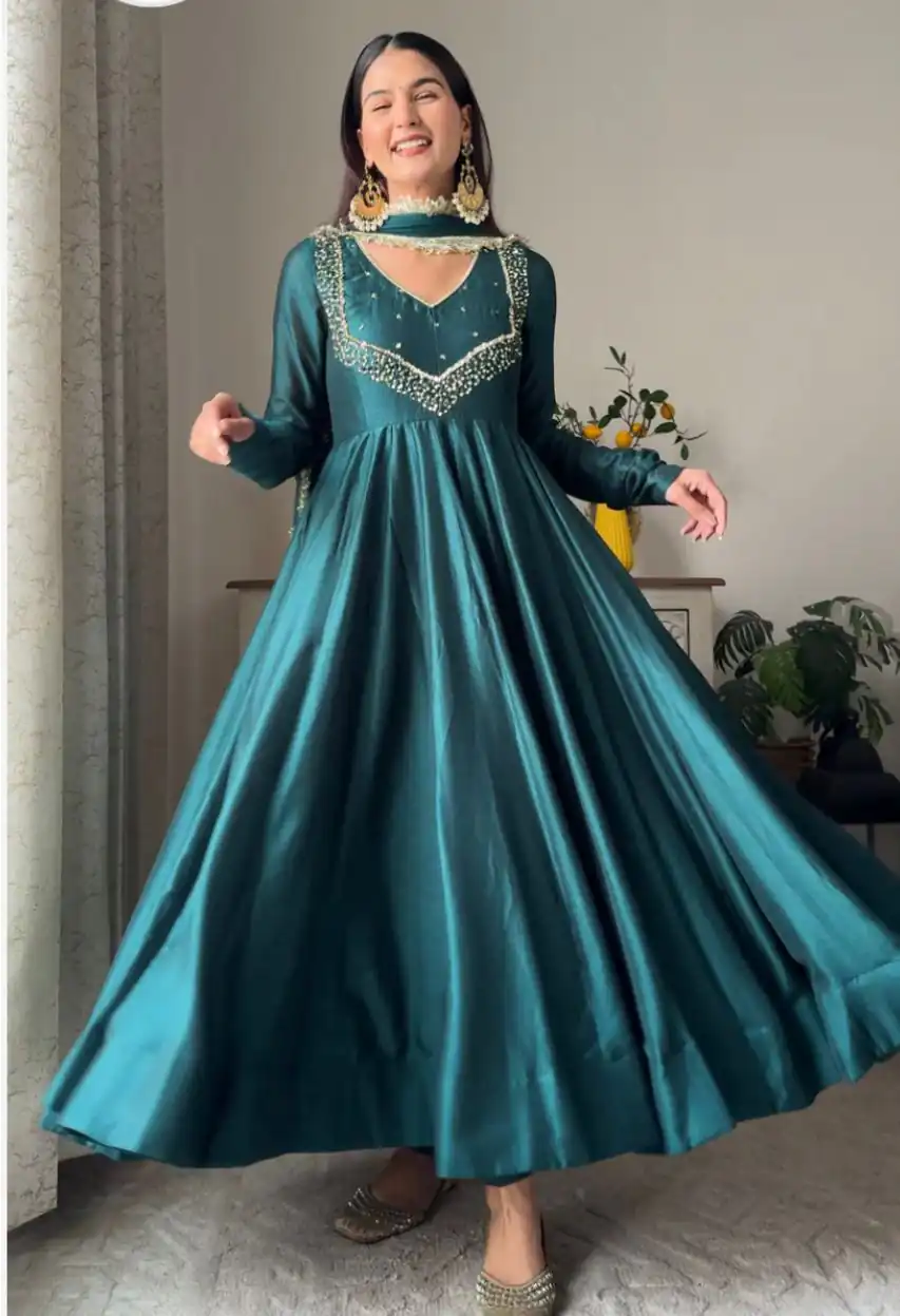 VLM 238 Firozi in Star Georgette. Lace Work Gown Wedding, Party, Festive, Events at ₹1999 only. Delivery 4-6 Working Days. Shop now. | Bollywood Gowns, Creative Gowns, Designer Gowns, Embroidered Gowns, Gowns, Party Wear Gowns