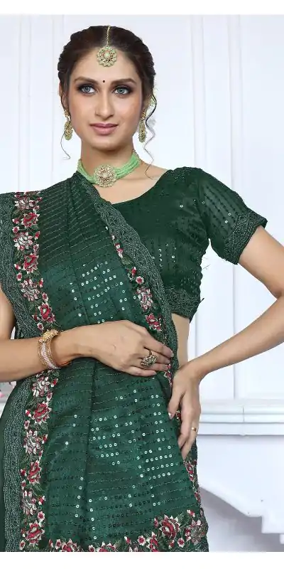BT Sarangi Green Premium Jimmy cho Silk Saree with Embroidery Work & Zari Work. Exclusive Offer ₹2899. Delivery 4-6 Working Days. Shop now. | Bollywood Sarees, Creative Sarees, Designer Sarees, Embroidered Sarees, Ethnic Saree, Modern Digital sarees, Party Wear Sarees, Sarees