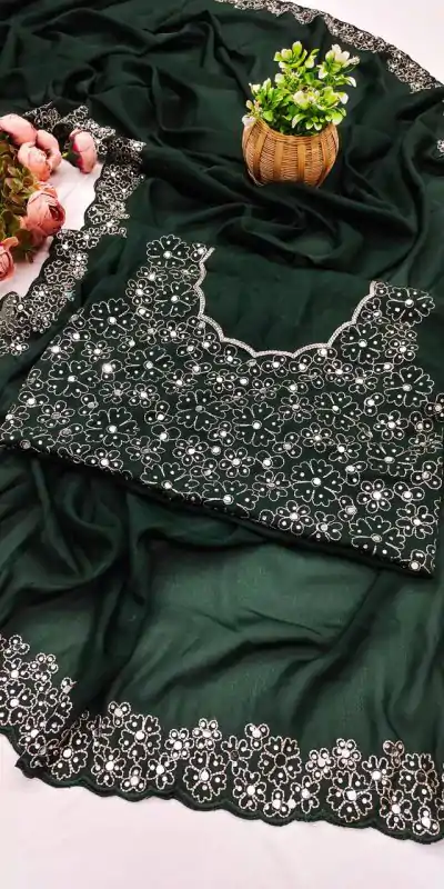BT 12 Green Soft Star Georgette Silk with Embroidery Work & Mirror Work Saree . Exclusive Offer ₹1999. Delivery 4-6 Working Days. Shop now. | Bollywood Sarees, Creative Sarees, Designer Sarees, Embroidered Sarees, Ethnic Saree, Modern Digital sarees, Party Wear Sarees, Sarees