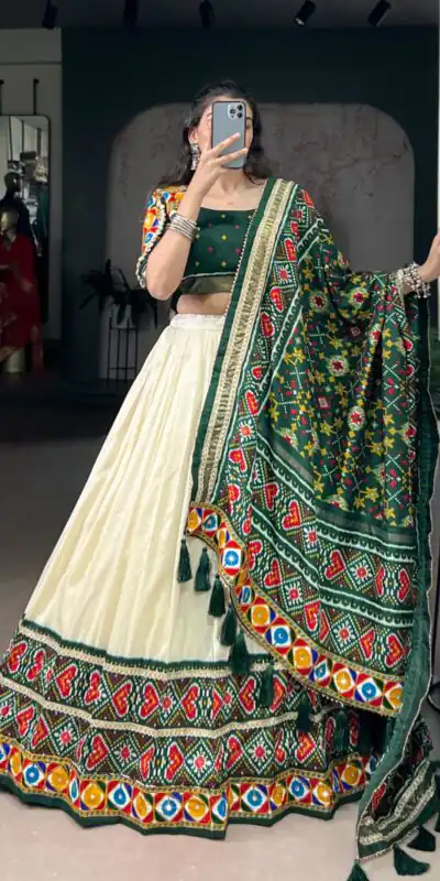 LNB 1735 Green in Tasar Silk Mirror Work & Gamthi Work Lehenga Choli . Get it for ₹2999. Delivery 4-6 Working Days. Shop now. | Bollywood Lehenga, Creative Lehenga, Designer Lehenga, Embroidered Lehenga, Lehenga, Party Wear Lehenga