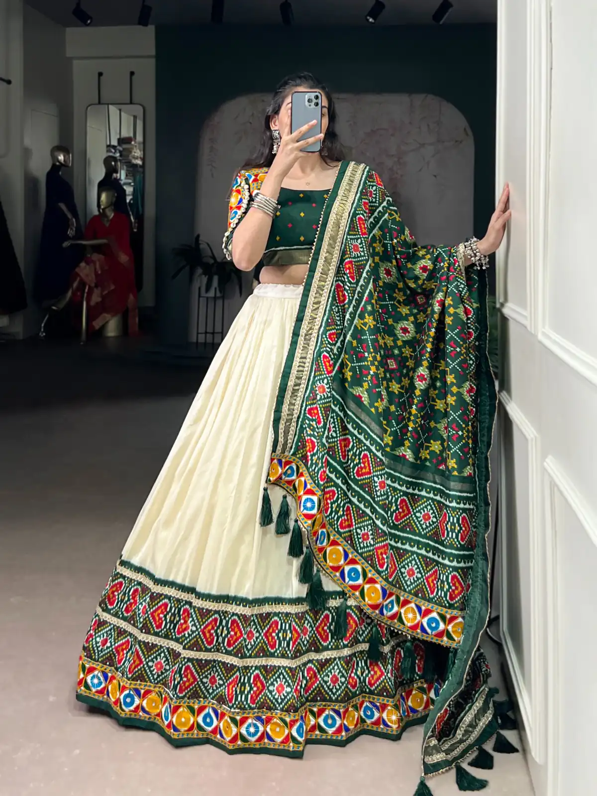 LNB 1735 Green in Tasar Silk Mirror Work & Gamthi Work Lehenga Choli . Get it for ₹2999. Delivery 4-6 Working Days. Shop now. | Bollywood Lehenga, Creative Lehenga, Designer Lehenga, Embroidered Lehenga, Lehenga, Party Wear Lehenga