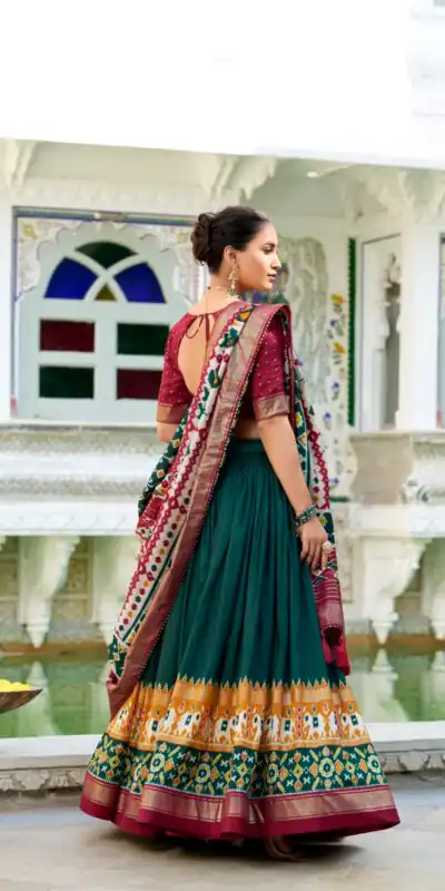 LNB 1680 Green Tasar Silk Patola Print & Gotta Patti Work Lehenga Choli in . Special Price ₹2449. Delivery 4-6 Working Days. Shop now. | Bollywood Lehenga, Creative Lehenga, Designer Lehenga, Embroidered Lehenga, Lehenga, Party Wear Lehenga