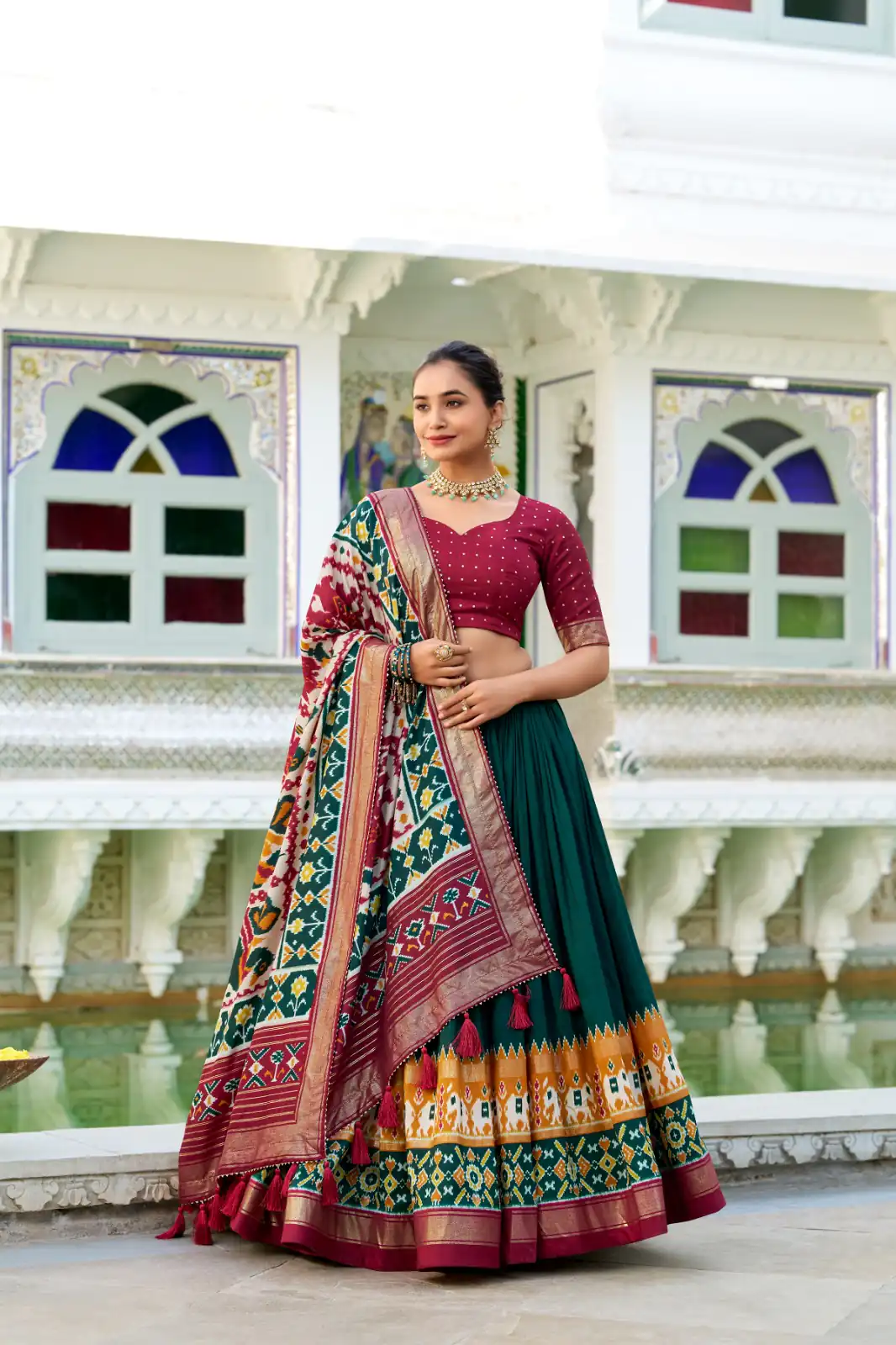 LNB 1680 Green Tasar Silk Patola Print & Gotta Patti Work Lehenga Choli in . Special Price ₹2449. Delivery 4-6 Working Days. Shop now. | Bollywood Lehenga, Creative Lehenga, Designer Lehenga, Embroidered Lehenga, Lehenga, Party Wear Lehenga