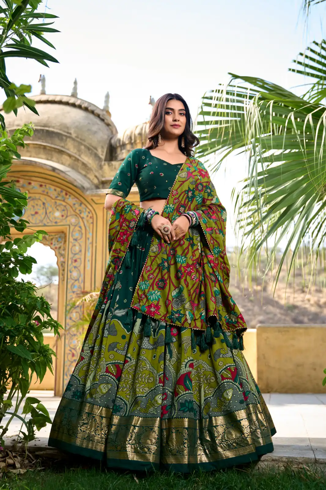 LNB 1219 Green Tasar Silk With Gotta Patti Work & Kalamkari Print Lehenga Choli . Best Price ₹2449. Delivery 4-6 Working Days. Shop now. | Bollywood Lehenga, Creative Lehenga, Designer Lehenga, Embroidered Lehenga, Lehenga, Party Wear Lehenga