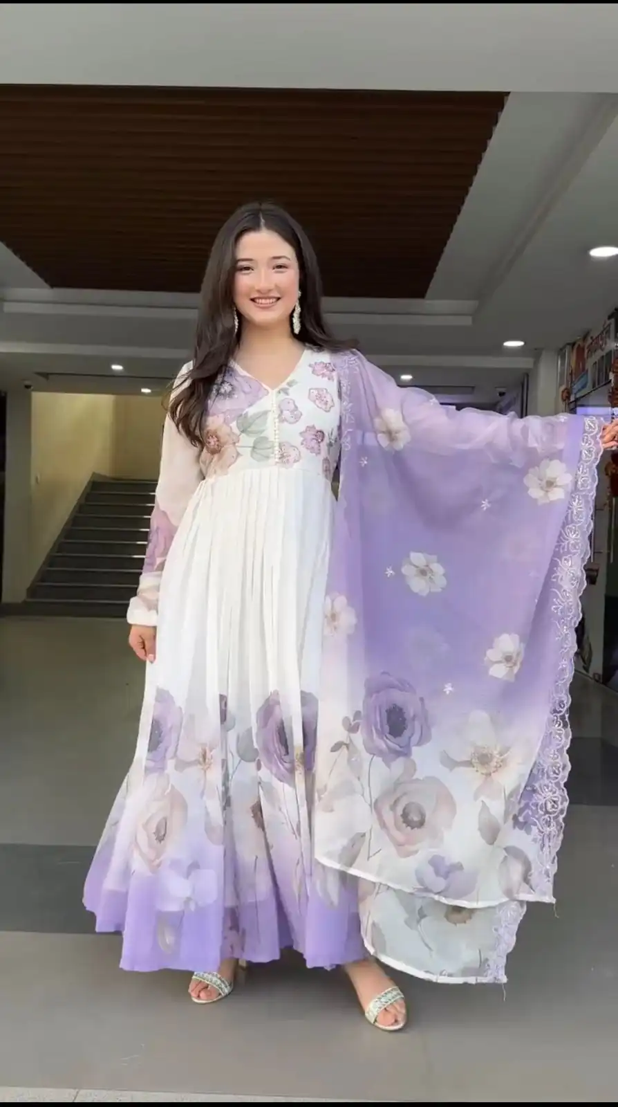 SR 1686 Lavender Faux Georgette With Embroidery Sequence Work With Fully Flair Gown Perfect for Wedding, Party, 4-6 Working Days At 2049 Only | Bollywood Gowns, Creative Gowns, Designer Gowns, Embroidered Gowns, Gowns, Party Wear Gowns