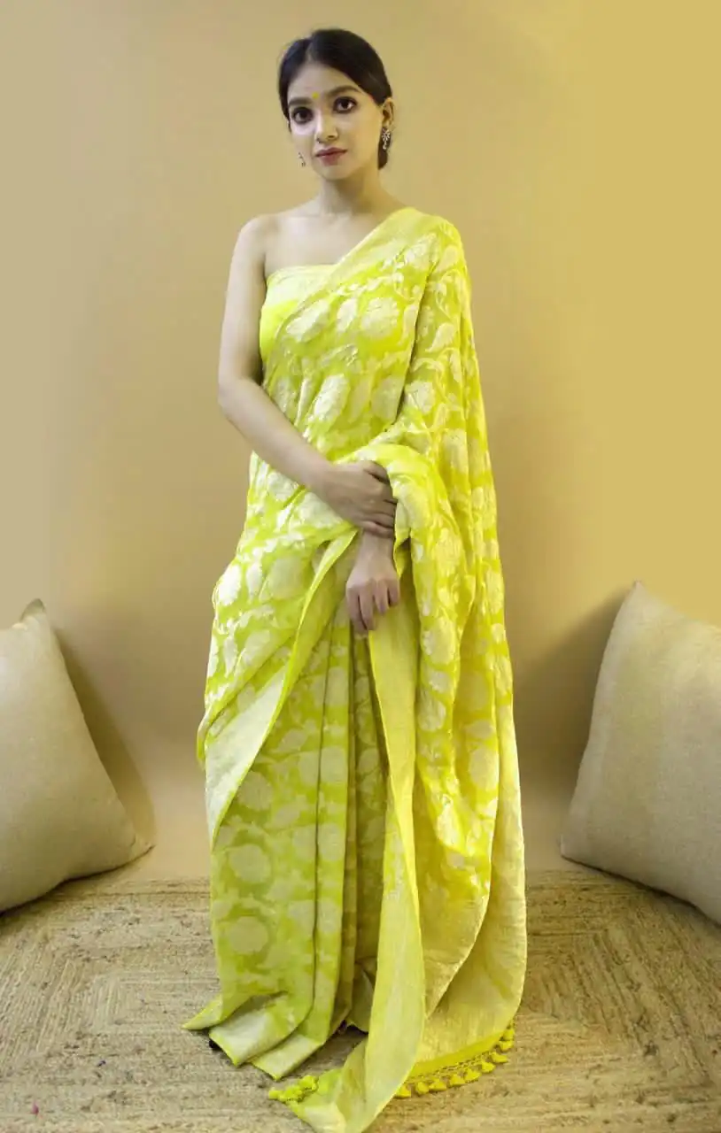 KP 1073 Light Yellow Soft Lichi Silk Saree Perfect for Wedding, Party, Sangeet, Ethnic Day, Festival Celebrations Get it for ₹1399. Delivery 4-6 Working Da | Bollywood Sarees, Creative Sarees, Designer Sarees, Embroidered Sarees, Ethnic Saree, Modern Digital sarees, Party Wear Sarees, Sarees