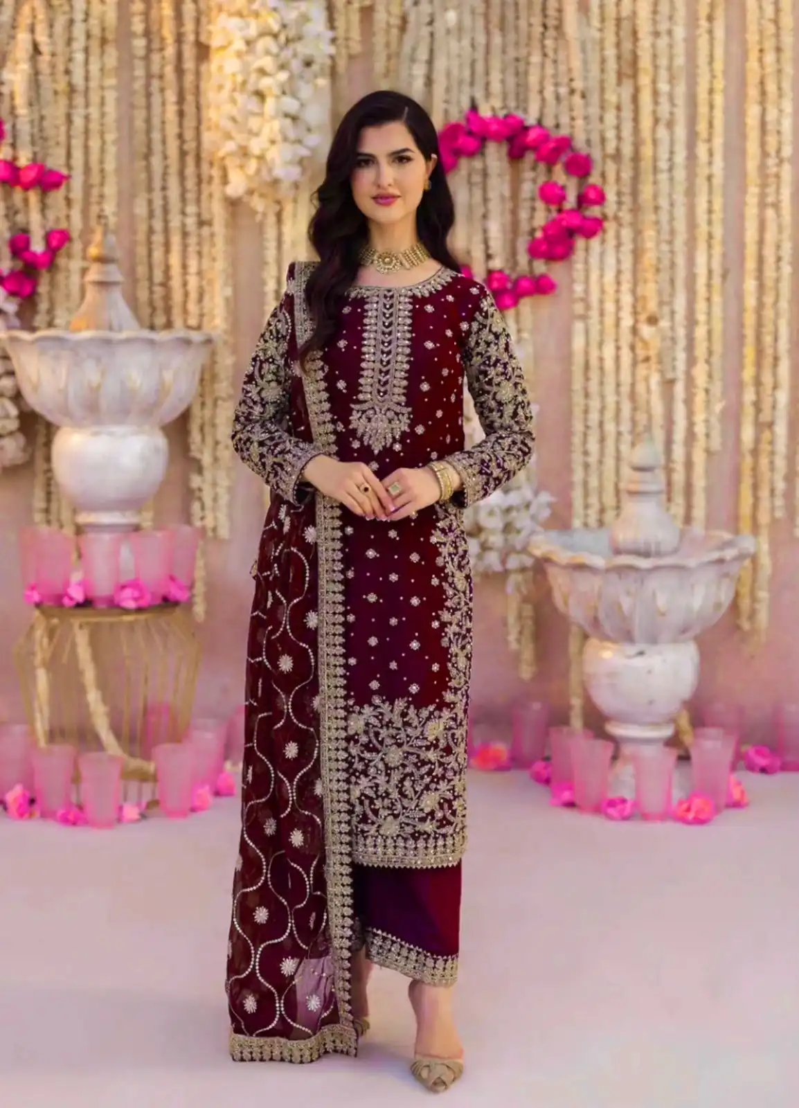SRK 5238 Maroon Faux Georgette With 5mm Embroidery Sequence Work with Beads Work Wedding, Party, Festive, Events, 4-6 Working Days At 2399 | Jump Suits, Casual Suits, Creative suits, Designer Suits, Palazzo Suits, Party Wear Suits, Patiala Suits, Salwar suit, Straight Suits