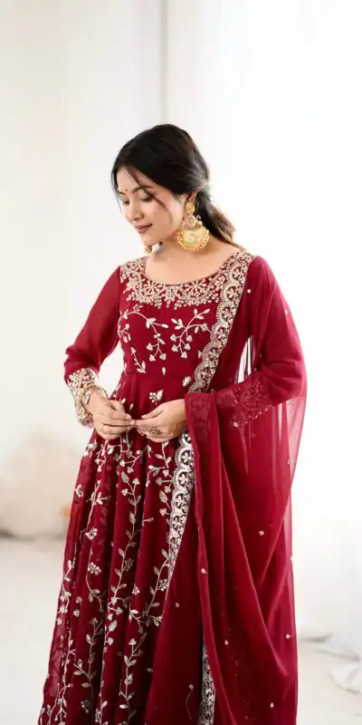 SRK 5299 Maroon Faux Georgette With Sequence Work Perfect for Wedding, Party, Temple Visit, Ganesh Chaturthi Festive, Events, 4-6 Working Days At 2149 | Bollywood Gowns, Creative Gowns, Designer Gowns, Embroidered Gowns, Gowns, Party Wear Gowns