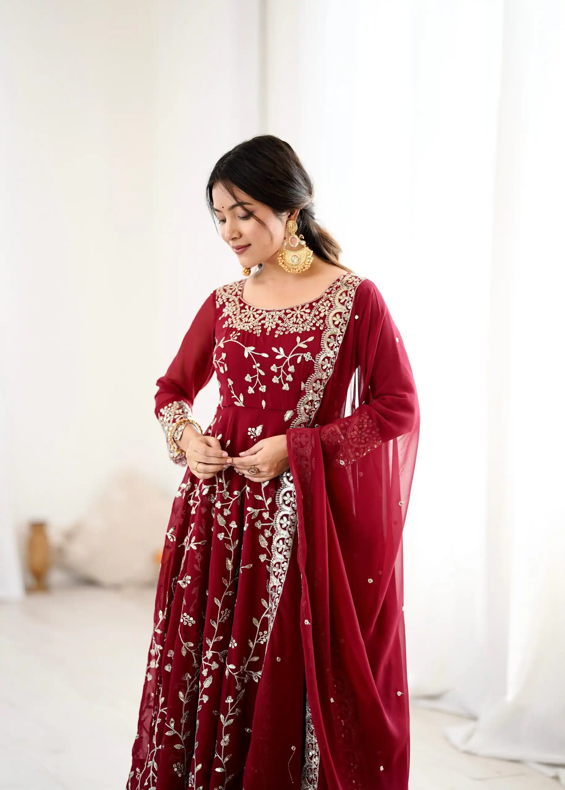 SRK 5299 Maroon Faux Georgette With Sequence Work Perfect for Wedding, Party, Temple Visit, Ganesh Chaturthi Festive, Events, 4-6 Working Days At 2149 | Bollywood Gowns, Creative Gowns, Designer Gowns, Embroidered Gowns, Gowns, Party Wear Gowns