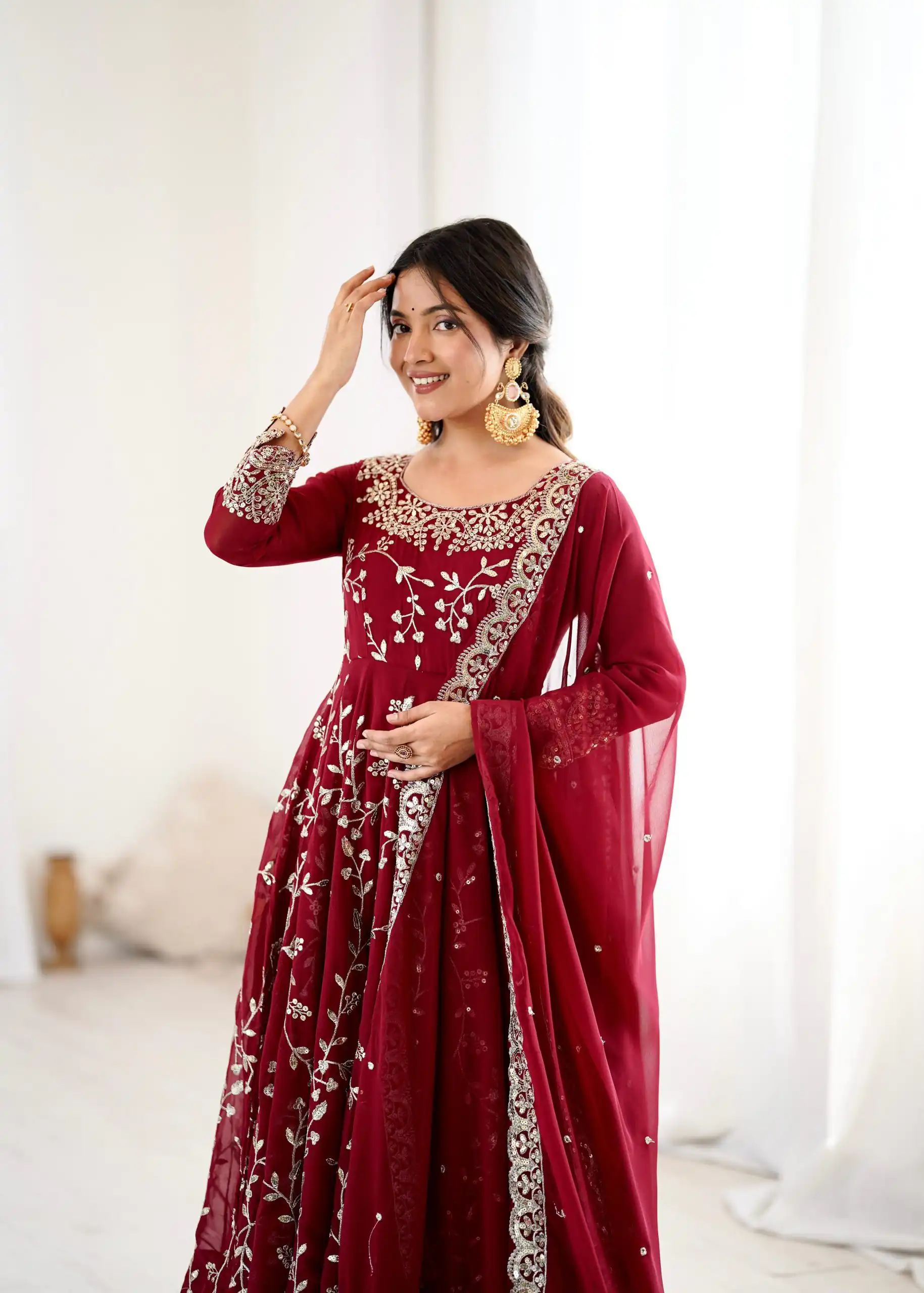 SRK 5299 Maroon Faux Georgette With Sequence Work Perfect for Wedding, Party, Temple Visit, Ganesh Chaturthi Festive, Events, 4-6 Working Days At 2149 | Bollywood Gowns, Creative Gowns, Designer Gowns, Embroidered Gowns, Gowns, Party Wear Gowns