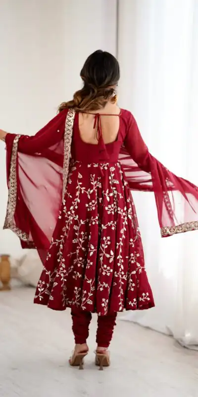 SRK 5299 Maroon Faux Georgette With Sequence Work Perfect for Wedding, Party, Temple Visit, Ganesh Chaturthi Festive, Events, 4-6 Working Days At 2149 | Bollywood Gowns, Creative Gowns, Designer Gowns, Embroidered Gowns, Gowns, Party Wear Gowns