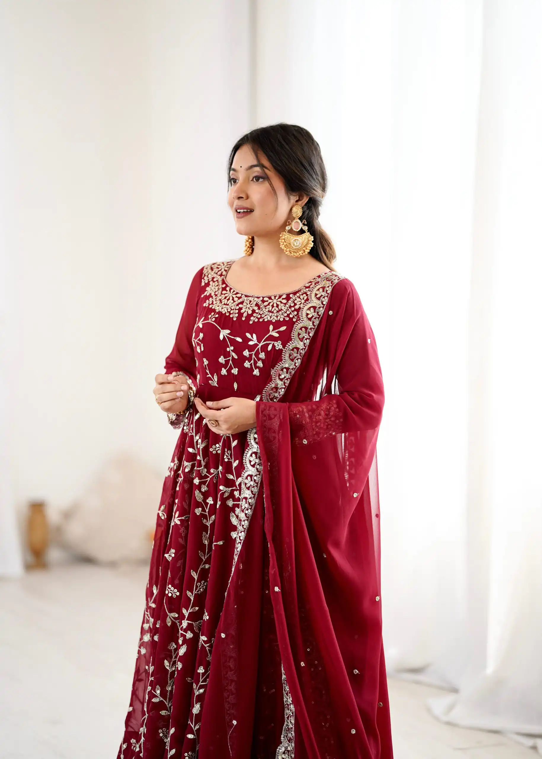 SRK 5299 Maroon Faux Georgette With Sequence Work Perfect for Wedding, Party, Temple Visit, Ganesh Chaturthi Festive, Events, 4-6 Working Days At 2149 | Bollywood Gowns, Creative Gowns, Designer Gowns, Embroidered Gowns, Gowns, Party Wear Gowns