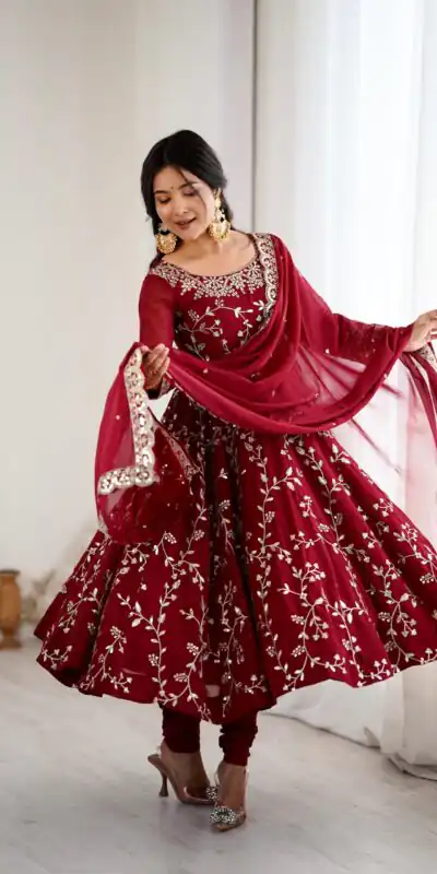 SRK 5299 Maroon Faux Georgette With Sequence Work Perfect for Wedding, Party, Temple Visit, Ganesh Chaturthi Festive, Events, 4-6 Working Days At 2149 | Bollywood Gowns, Creative Gowns, Designer Gowns, Embroidered Gowns, Gowns, Party Wear Gowns