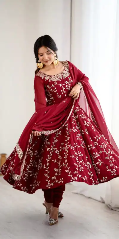 SRK 5299 Maroon Faux Georgette With Sequence Work Perfect for Wedding, Party, Temple Visit, Ganesh Chaturthi Festive, Events, 4-6 Working Days At 2149 | Bollywood Gowns, Creative Gowns, Designer Gowns, Embroidered Gowns, Gowns, Party Wear Gowns