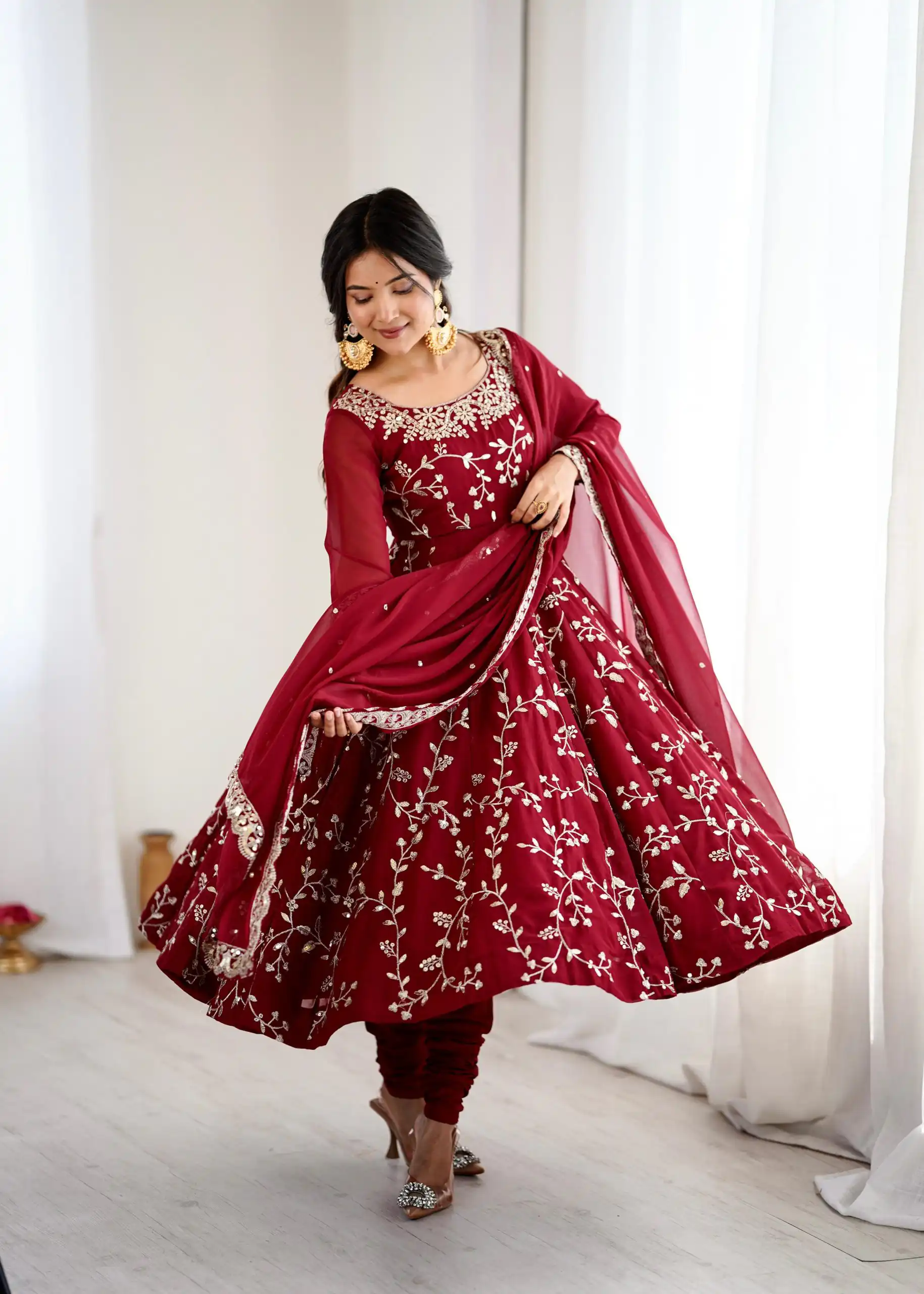 SRK 5299 Maroon Faux Georgette With Sequence Work Perfect for Wedding, Party, Temple Visit, Ganesh Chaturthi Festive, Events, 4-6 Working Days At 2149 | Bollywood Gowns, Creative Gowns, Designer Gowns, Embroidered Gowns, Gowns, Party Wear Gowns