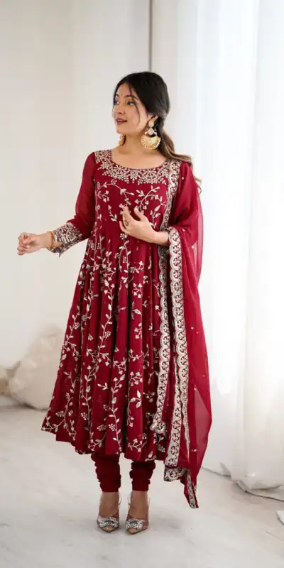 SRK 5299 Maroon Faux Georgette With Sequence Work Perfect for Wedding, Party, Temple Visit, Ganesh Chaturthi Festive, Events, 4-6 Working Days At 2149 | Bollywood Gowns, Creative Gowns, Designer Gowns, Embroidered Gowns, Gowns, Party Wear Gowns
