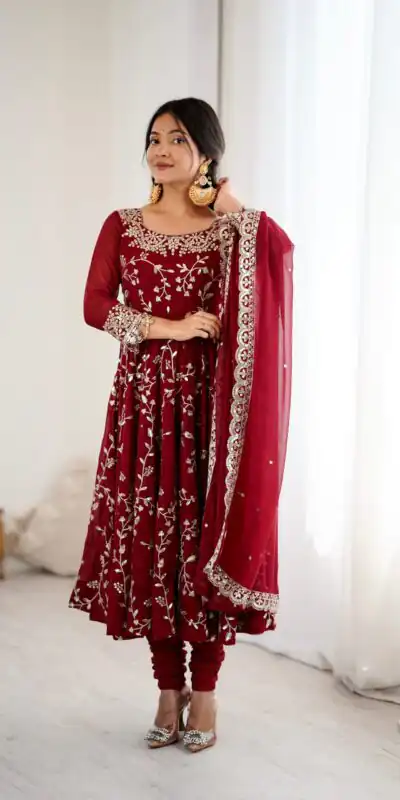 SRK 5299 Maroon Faux Georgette With Sequence Work Perfect for Wedding, Party, Temple Visit, Ganesh Chaturthi Festive, Events, 4-6 Working Days At 2149 | Bollywood Gowns, Creative Gowns, Designer Gowns, Embroidered Gowns, Gowns, Party Wear Gowns