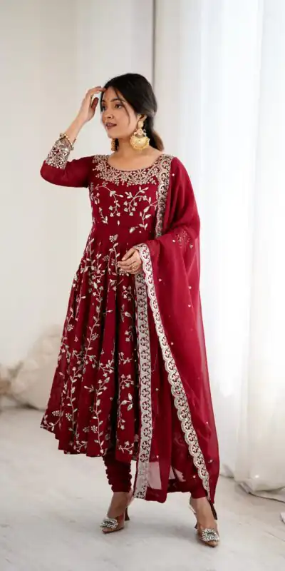 SRK 5299 Maroon Faux Georgette With Sequence Work Perfect for Wedding, Party, Temple Visit, Ganesh Chaturthi Festive, Events, 4-6 Working Days At 2149 | Bollywood Gowns, Creative Gowns, Designer Gowns, Embroidered Gowns, Gowns, Party Wear Gowns