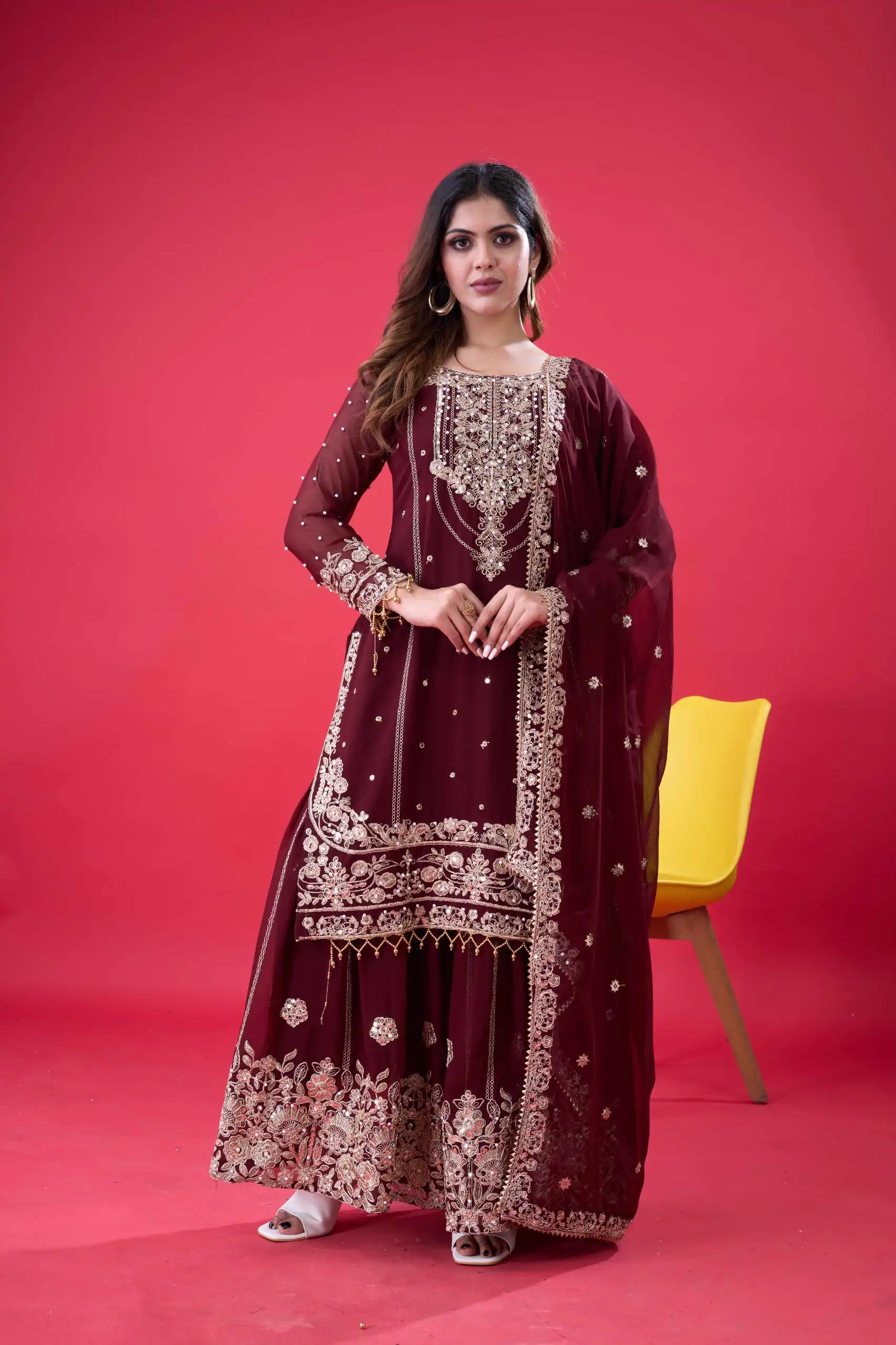 SR 1688 Maroon Faux Georgette with Lace Work & Embroidery Work. Salwar Suit Introductory Price ₹1949. Delivery 4-6 Working Days. Shop now. | Designer Suits, Jump Suits, Casual Suits, Creative suits, Palazzo Suits, Party Wear Suits, Patiala Suits, Salwar suit, Straight Suits