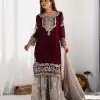 SR 1676 Maroon Heavy Faux Georgette With Heavy Embroidery Perfect for Wedding, Party, Ethnic Day, Reception, Diwali 4-6 Working Days At 2049/- Only | Jump Suits, Casual Suits, Creative suits, Designer Suits, Palazzo Suits, Party Wear Suits, Patiala Suits, Salwar suit, Straight Suits