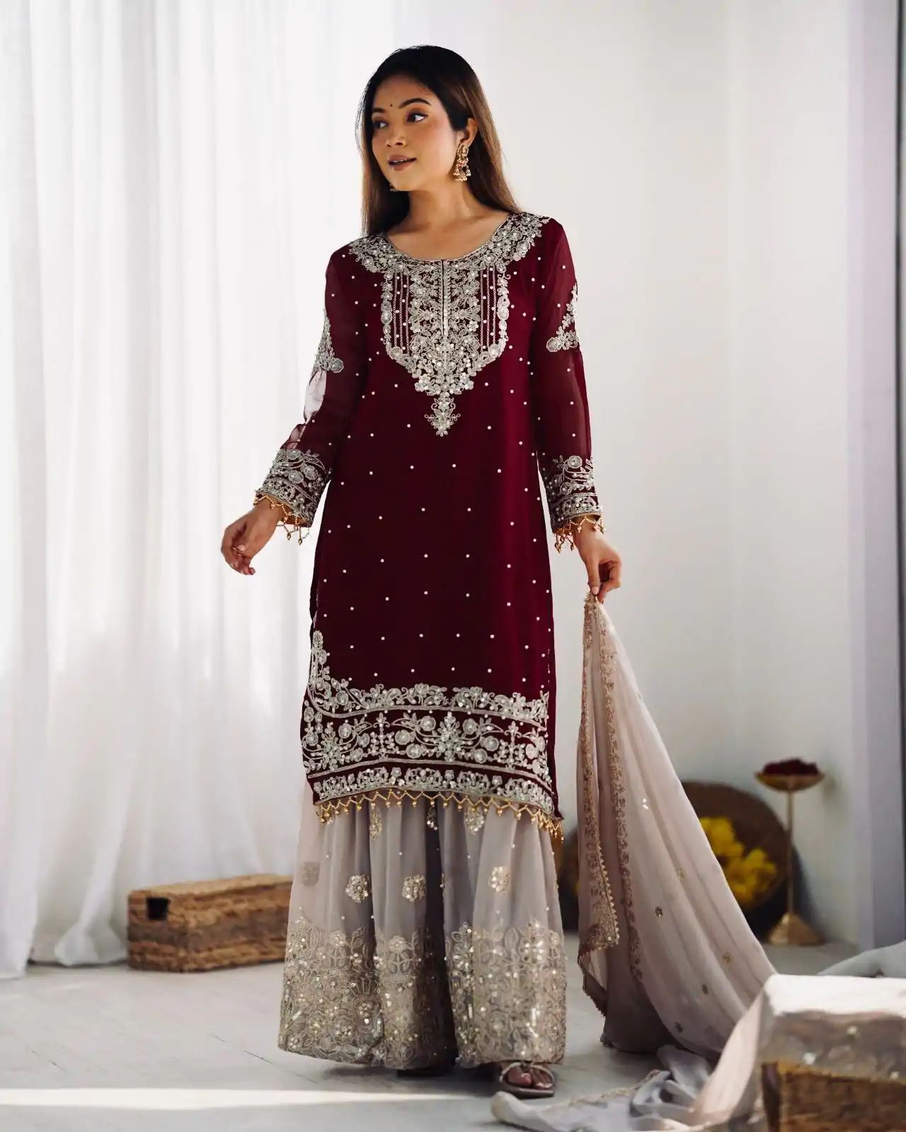SR 1676 Maroon Heavy Faux Georgette With Heavy Embroidery Perfect for Wedding, Party, Ethnic Day, Reception, Diwali 4-6 Working Days At 2049/- Only | Jump Suits, Casual Suits, Creative suits, Designer Suits, Palazzo Suits, Party Wear Suits, Patiala Suits, Salwar suit, Straight Suits