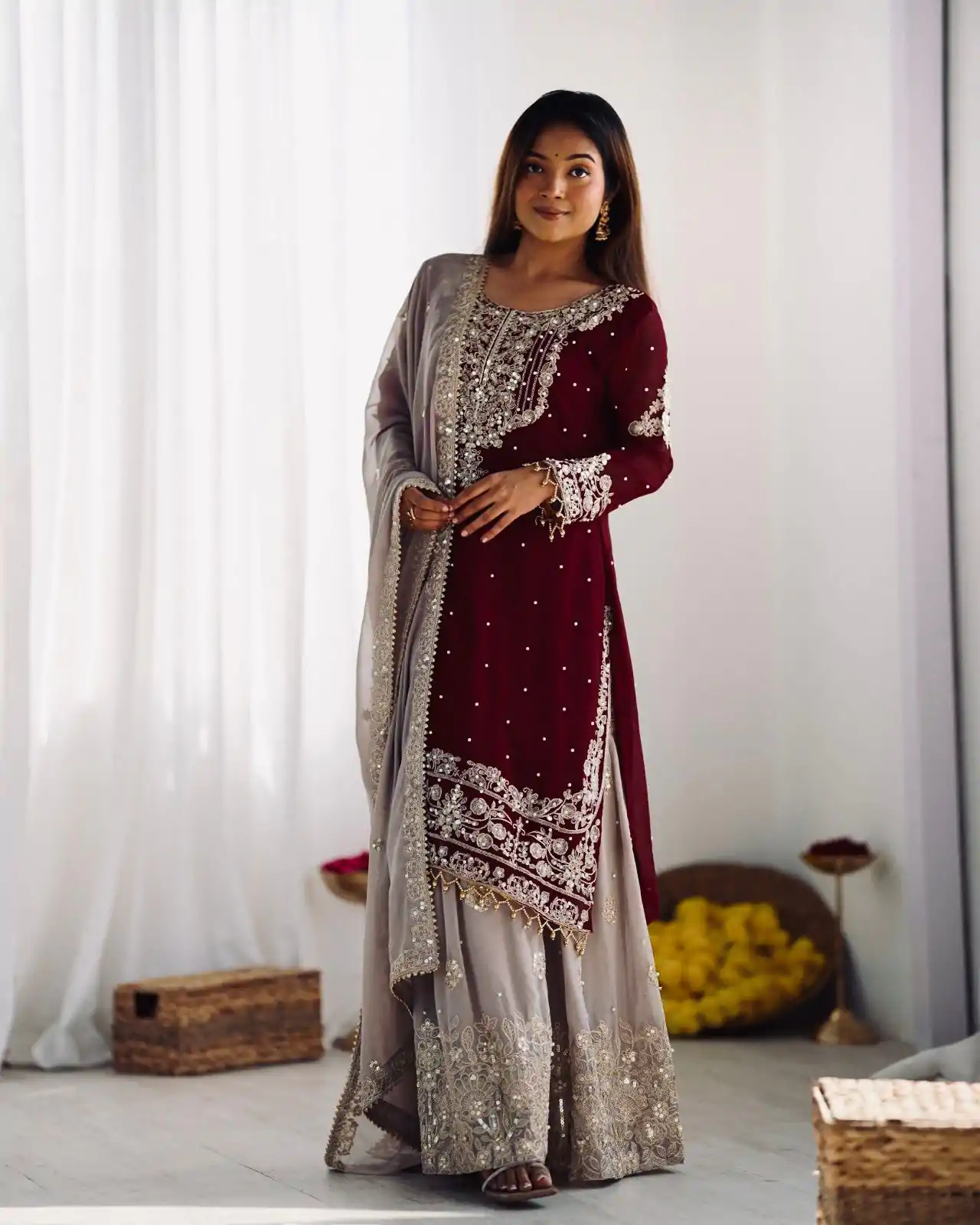 SR 1676 Maroon Heavy Faux Georgette With Heavy Embroidery Perfect for Wedding, Party, Ethnic Day, Reception, Diwali 4-6 Working Days At 2049/- Only | Jump Suits, Casual Suits, Creative suits, Designer Suits, Palazzo Suits, Party Wear Suits, Patiala Suits, Salwar suit, Straight Suits