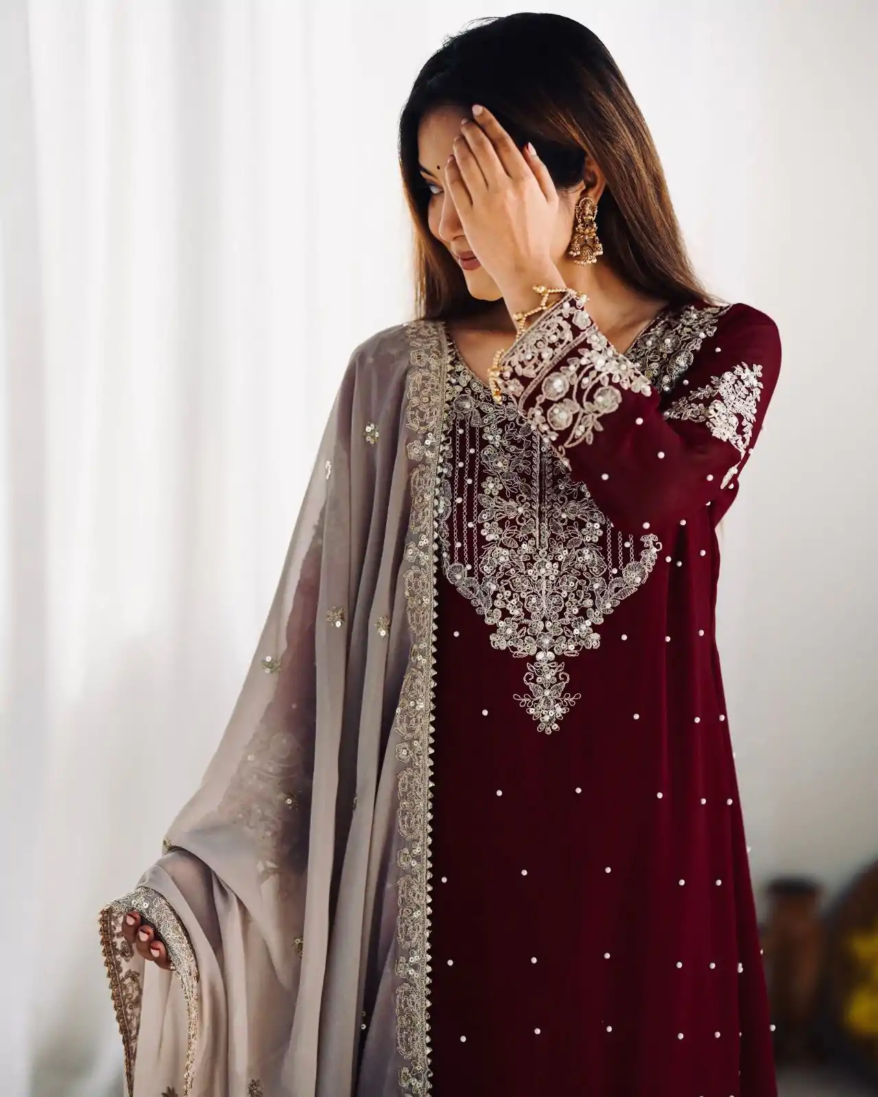 SR 1676 Maroon Heavy Faux Georgette With Heavy Embroidery Perfect for Wedding, Party, Ethnic Day, Reception, Diwali 4-6 Working Days At 2049/- Only | Jump Suits, Casual Suits, Creative suits, Designer Suits, Palazzo Suits, Party Wear Suits, Patiala Suits, Salwar suit, Straight Suits