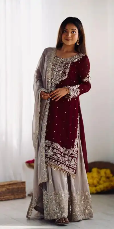 SR 1676 Maroon Heavy Faux Georgette With Heavy Embroidery Perfect for Wedding, Party, Ethnic Day, Reception, Diwali 4-6 Working Days At 2049/- Only | Jump Suits, Casual Suits, Creative suits, Designer Suits, Palazzo Suits, Party Wear Suits, Patiala Suits, Salwar suit, Straight Suits