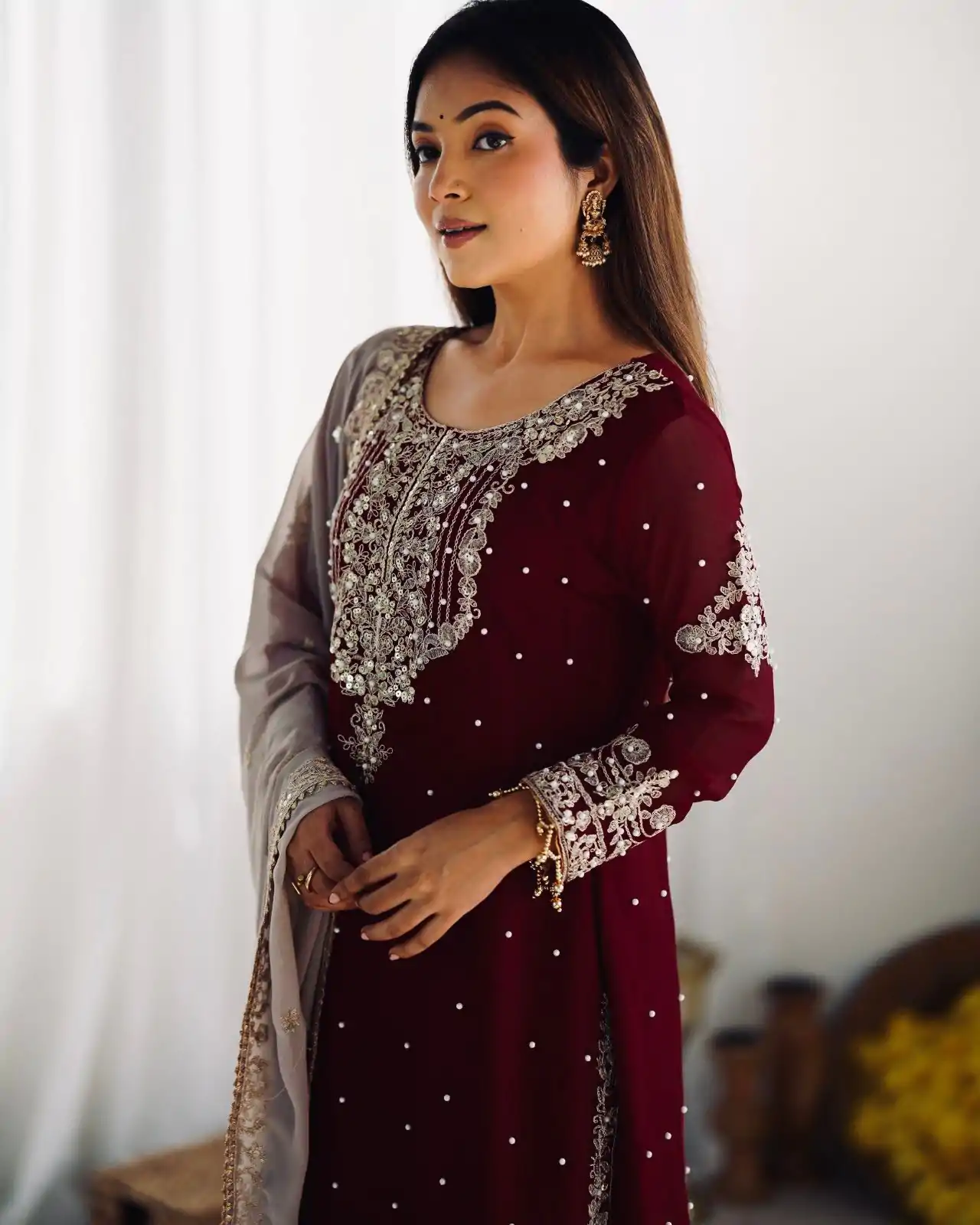SR 1676 Maroon Heavy Faux Georgette With Heavy Embroidery Perfect for Wedding, Party, Ethnic Day, Reception, Diwali 4-6 Working Days At 2049/- Only | Jump Suits, Casual Suits, Creative suits, Designer Suits, Palazzo Suits, Party Wear Suits, Patiala Suits, Salwar suit, Straight Suits