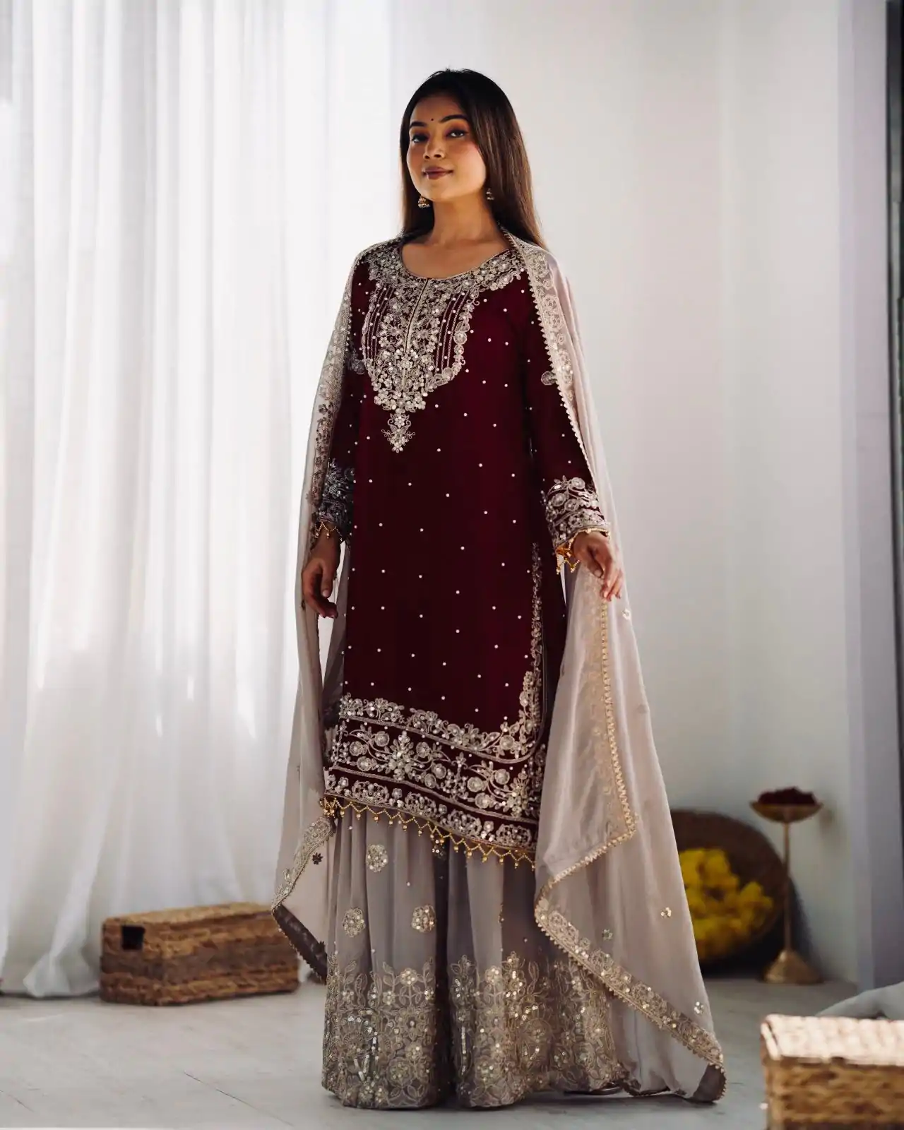SR 1676 Maroon Heavy Faux Georgette With Heavy Embroidery Perfect for Wedding, Party, Ethnic Day, Reception, Diwali 4-6 Working Days At 2049/- Only | Jump Suits, Casual Suits, Creative suits, Designer Suits, Palazzo Suits, Party Wear Suits, Patiala Suits, Salwar suit, Straight Suits