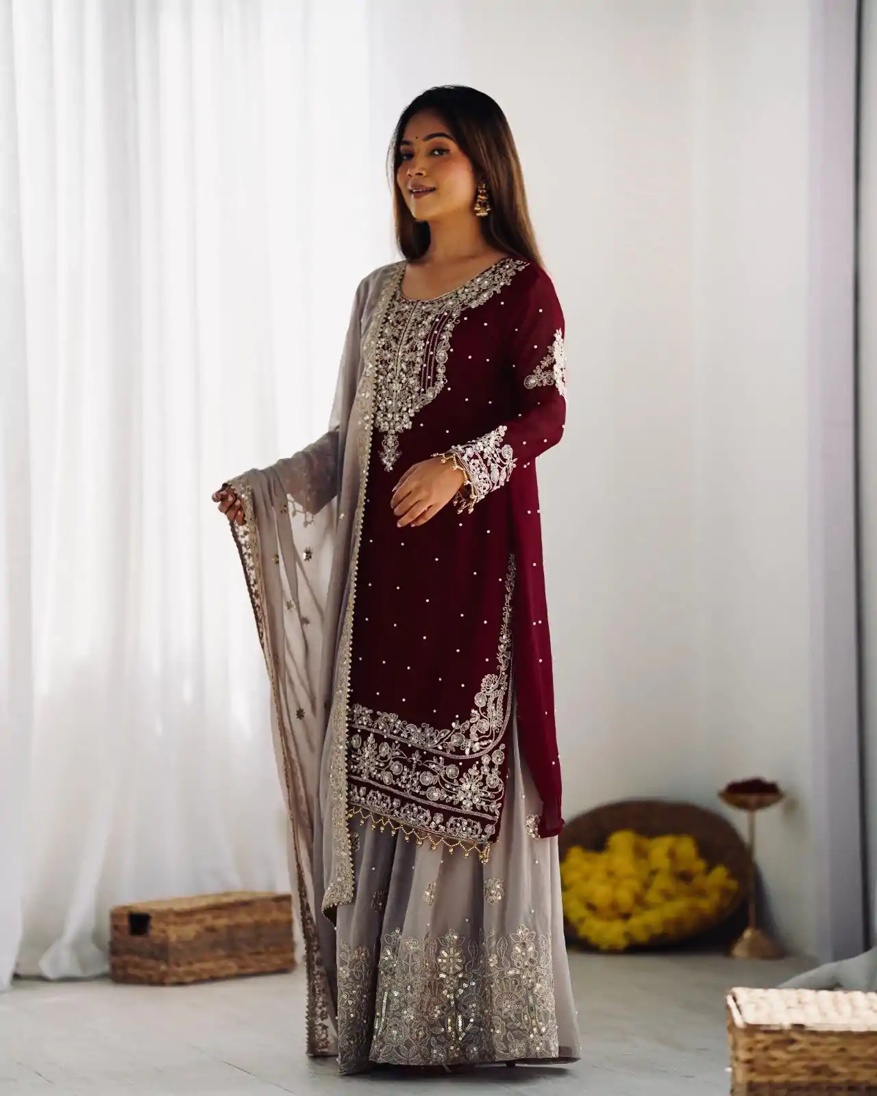SR 1676 Maroon Heavy Faux Georgette With Heavy Embroidery Perfect for Wedding, Party, Ethnic Day, Reception, Diwali 4-6 Working Days At 2049/- Only | Jump Suits, Casual Suits, Creative suits, Designer Suits, Palazzo Suits, Party Wear Suits, Patiala Suits, Salwar suit, Straight Suits