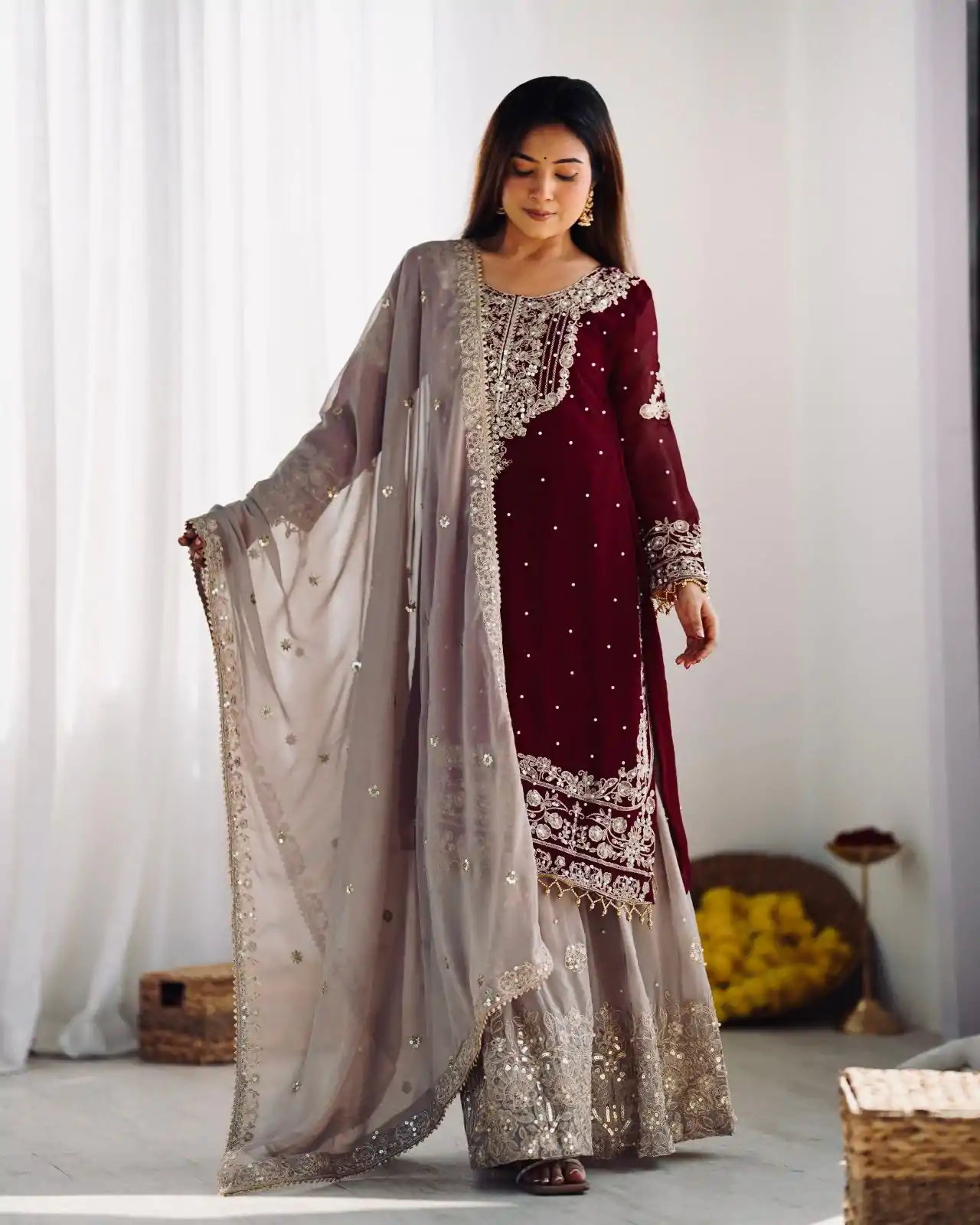 SR 1676 Maroon Heavy Faux Georgette With Heavy Embroidery Perfect for Wedding, Party, Ethnic Day, Reception, Diwali 4-6 Working Days At 2049/- Only | Jump Suits, Casual Suits, Creative suits, Designer Suits, Palazzo Suits, Party Wear Suits, Patiala Suits, Salwar suit, Straight Suits
