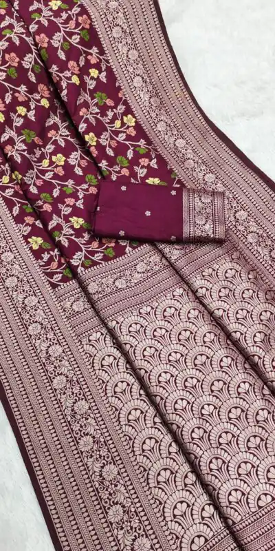 MB 96 Maroon Color Khaddi Pashmina with Zari Work & Lace Work Saree . Now at just ₹1999. Delivery 4-6 Working Days. Shop now. | Bollywood Sarees, Creative Sarees, Designer Sarees, Embroidered Sarees, Ethnic Saree, Modern Digital sarees, Party Wear Sarees, Sarees