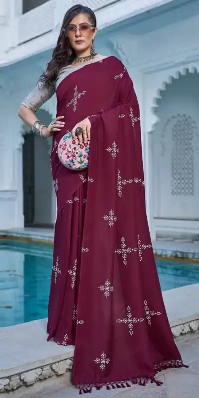 BT 1104 Maroon Natural silk with Thread Embroidery & Embroidery Work Saree . Now at just ₹1549. Delivery 4-6 Working Days. Shop now. | Bollywood Sarees, Creative Sarees, Designer Sarees, Embroidered Sarees, Ethnic Saree, Modern Digital sarees, Party Wear Sarees, Sarees