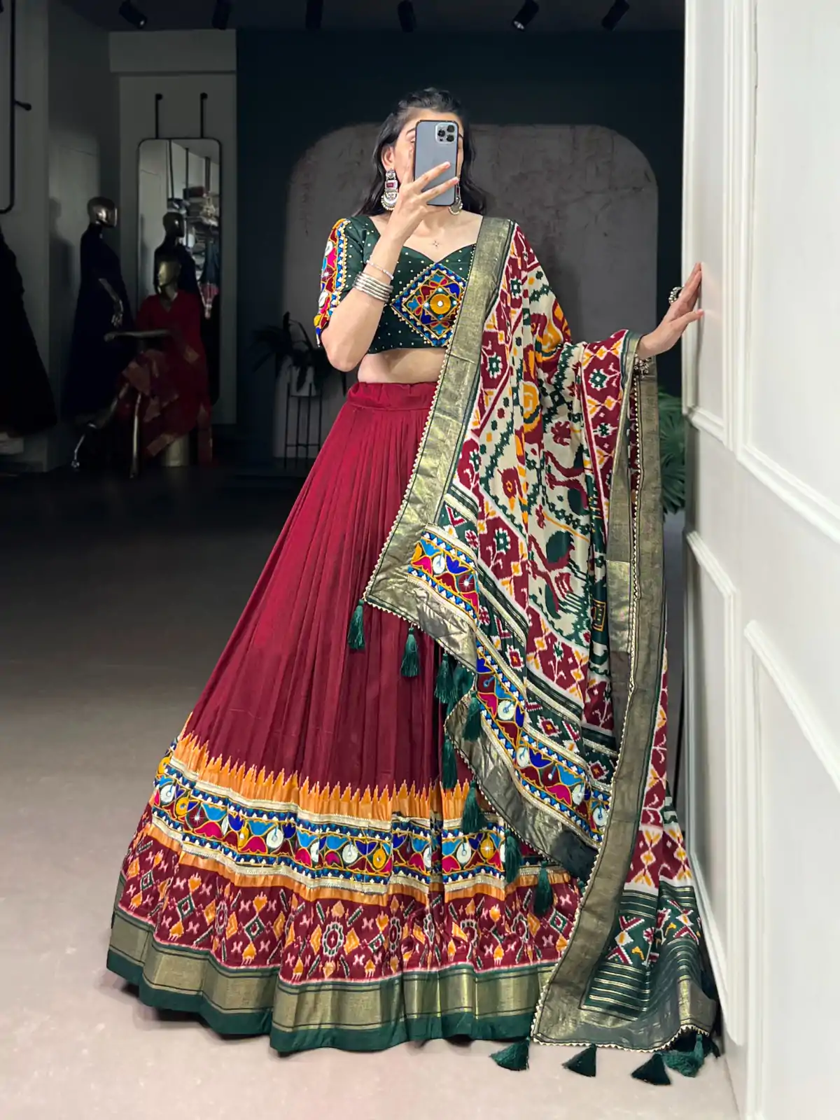 LNB 1727 Maroon Tasar Silk With Gamthi Work & Mirror Work. Get it for Lehenga Choli ₹2999. Delivery 4-6 Working Days. Shop now. | Bollywood Lehenga, Creative Lehenga, Designer Lehenga, Embroidered Lehenga, Lehenga, Party Wear Lehenga