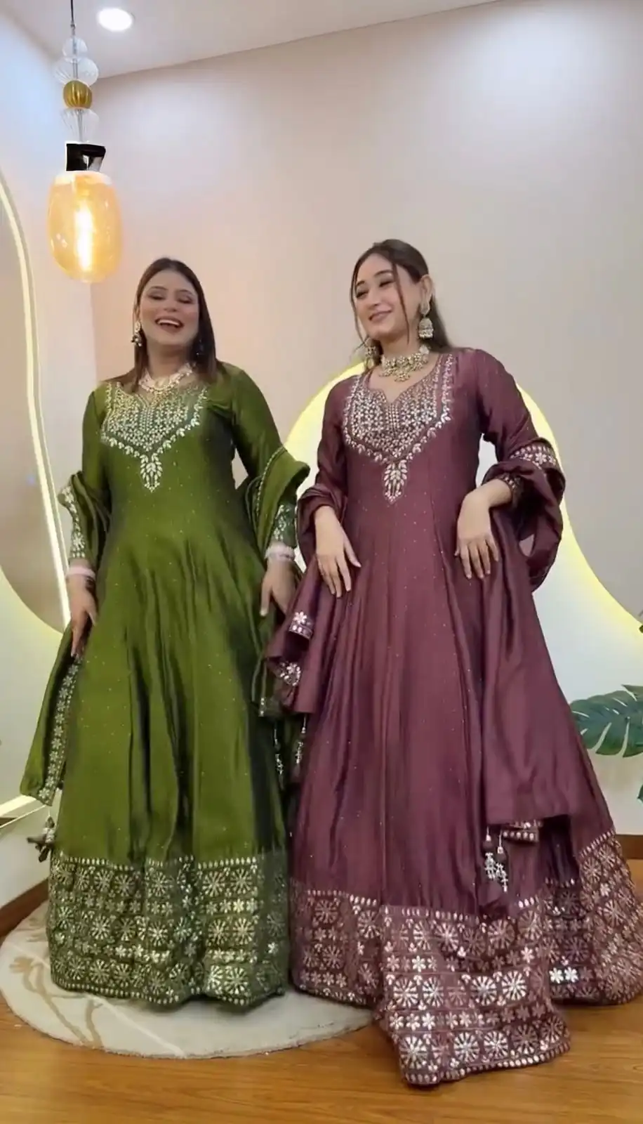 NSR 872 Mehandi Roman Simmer Silk With Fency Neck And Fecny Sleeve Gown with Embroidery Work & Lace Work. Available at ₹2449 only. Delivery 4-6 Wor | Bollywood Gowns, Creative Gowns, Designer Gowns, Embroidered Gowns, Gowns, Party Wear Gowns